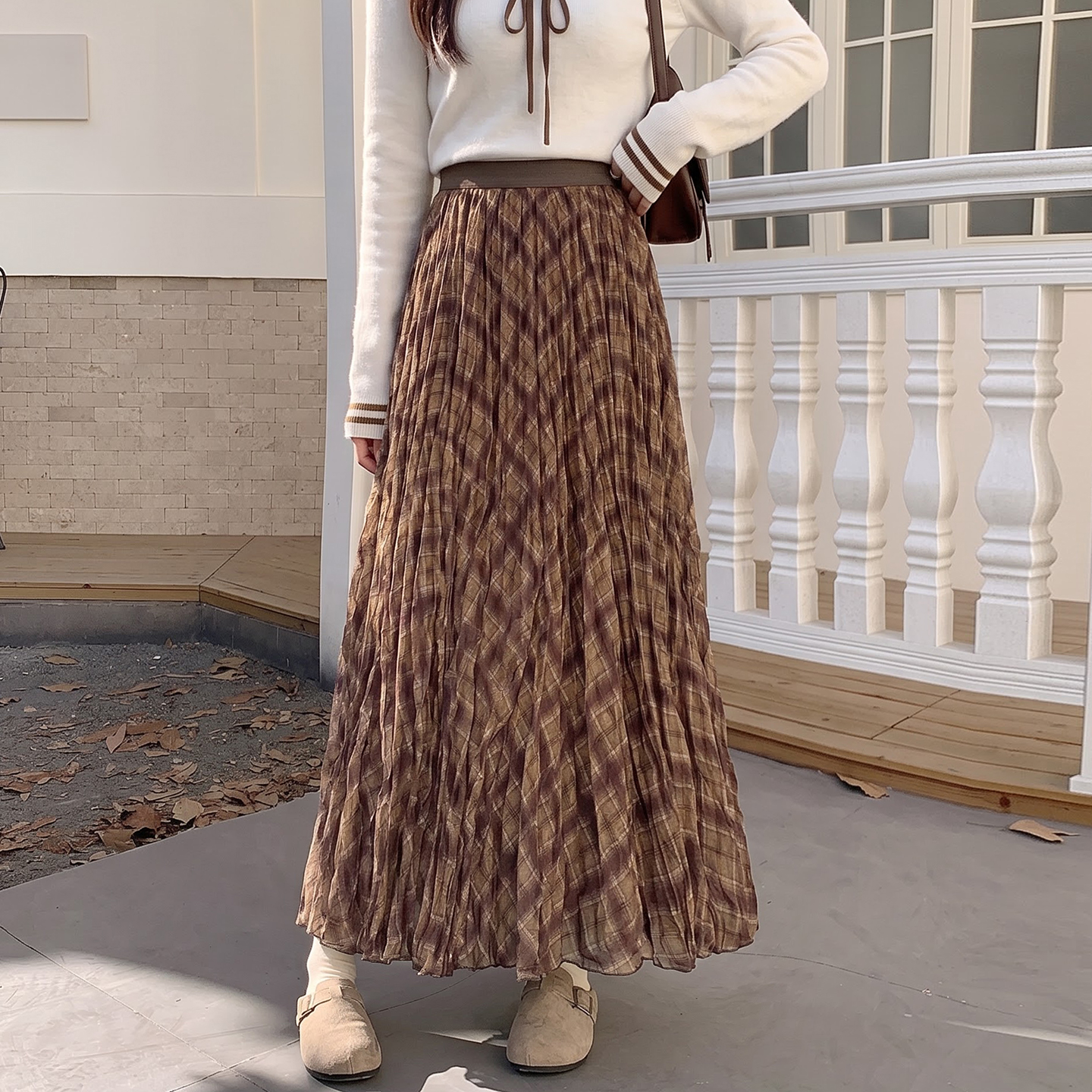 Retro Plaid Pleated Midi Skirt for Women 2026 Fall Elastic Waist Flared Mesh A-Line Long Skirt