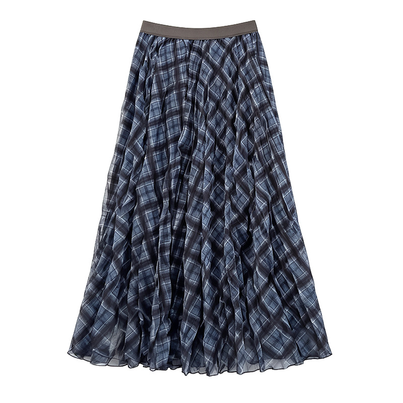 Retro Plaid Pleated Midi Skirt for Women 2026 Fall Elastic Waist Flared Mesh A-Line Long Skirt - Image 5