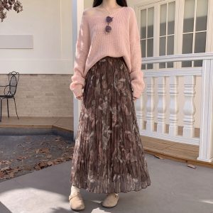 2026 Autumn Vintage Print Pleated Skirt Women Plus Size High Waist Slimming A-Line Long Skirt