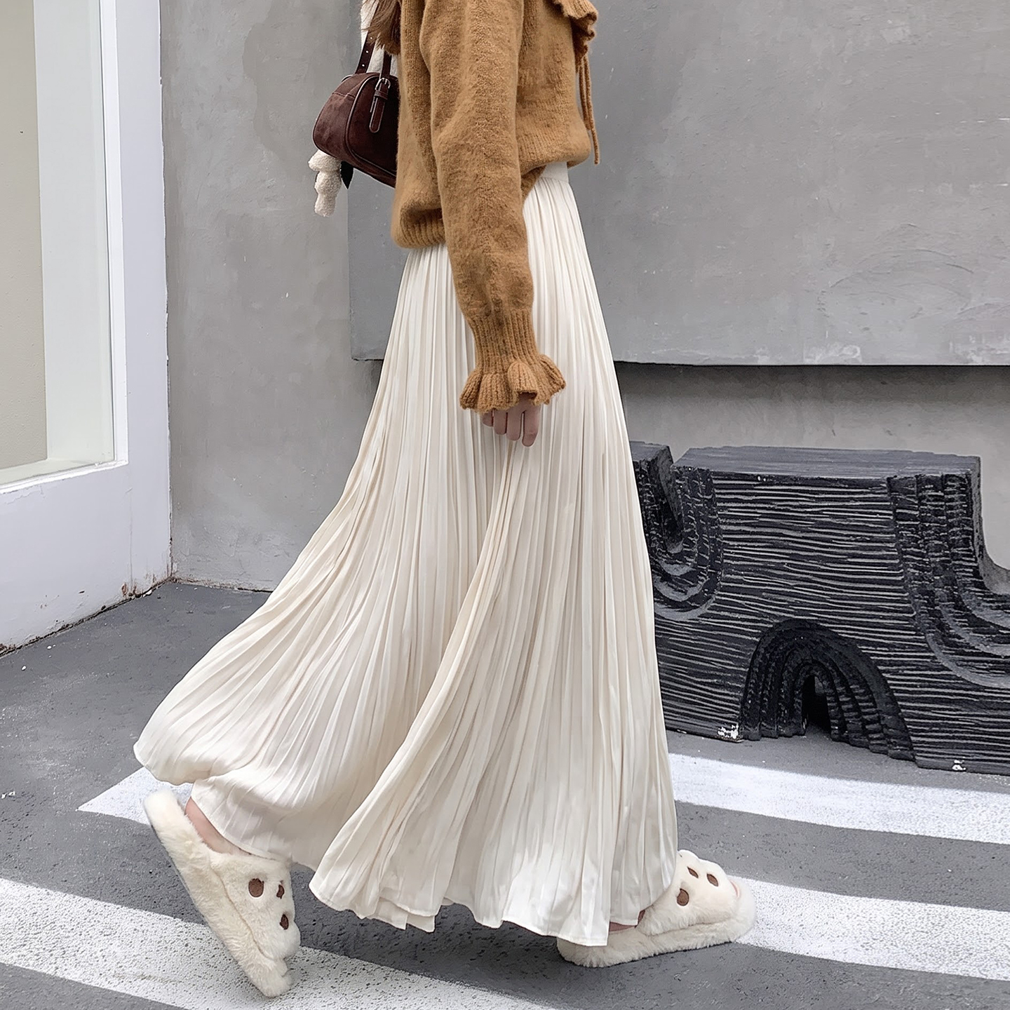 Women's French Style Suede Pleated Skirt 2026 Autumn High Waist Long Skirt