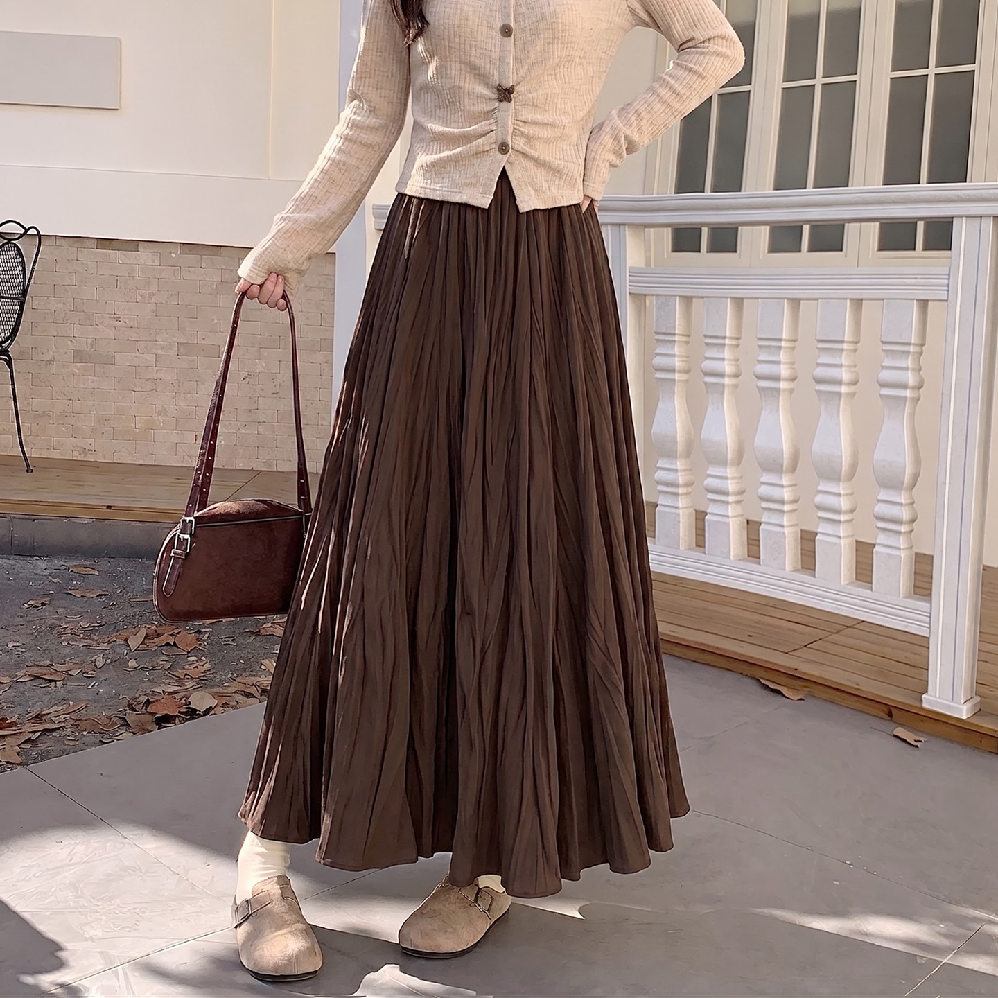 Women's French Style Suede Pleated Skirt 2026 Autumn High Waist Long Skirt - Image 2