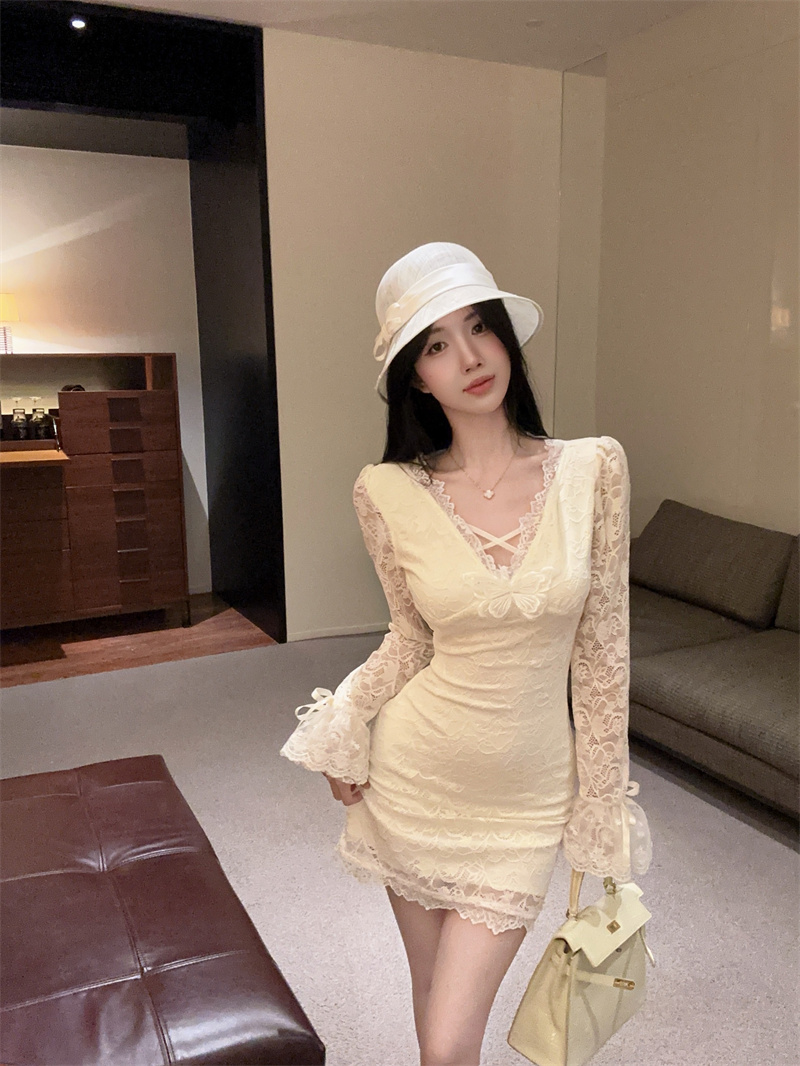 Apricot Lace V-Neck Long Sleeve Bodycon Midi Dress - Image 2