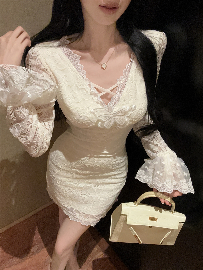 Apricot Lace V-Neck Long Sleeve Bodycon Midi Dress - Image 3
