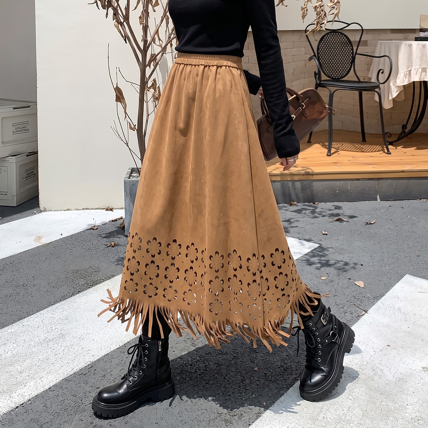 Openwork Flower Tassel Long Skirt Retro Suede-Feel Fall 2026