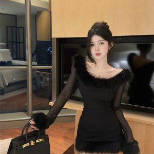 Black Sheer Mesh Bodycon Mini Dress with Faux Fur Collar - Style 6f4174